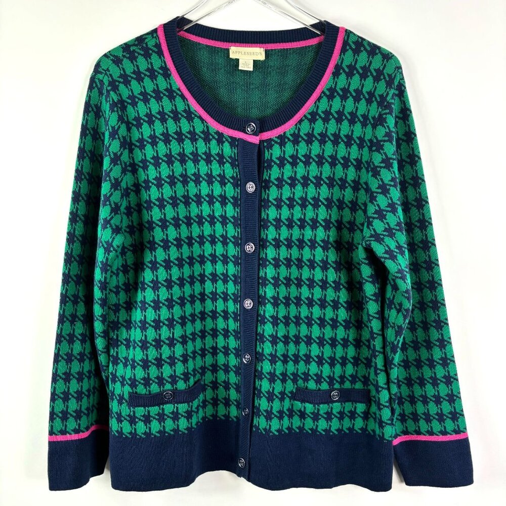 Appleseed's sweater womens cardigan L houndstooth green blue preppy country club